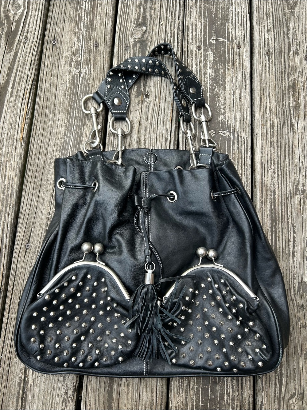 Vintage Y2K Studded Heart Black Leather Betsy Johnson Bag